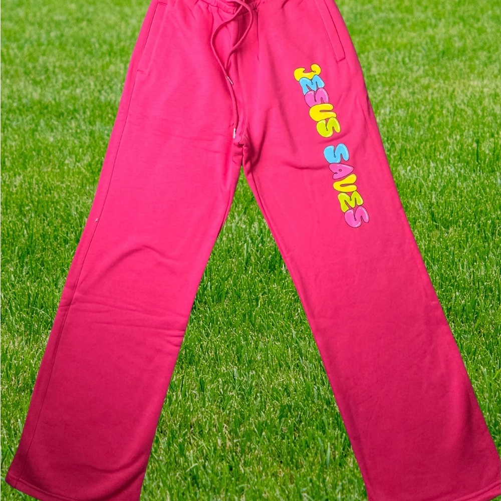 Hot Pink Jesus Saves Bottoms Vibrant Pink Wide Leg Pants Size M (Stain on pants)